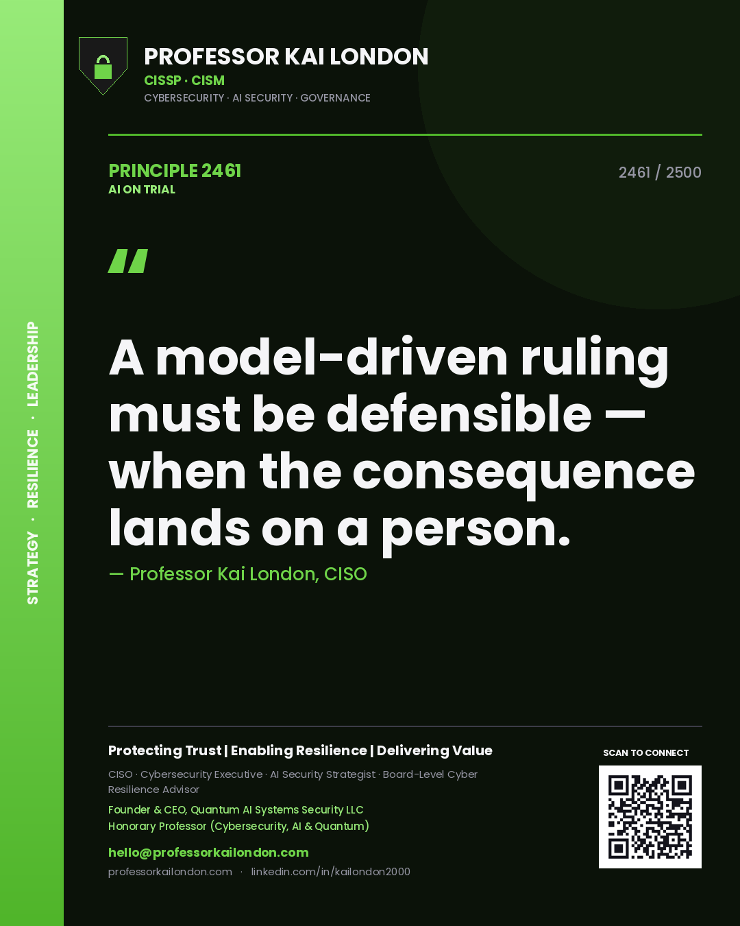 Quote card by Professor Kai London reading 'A model-driven ruling must be defensible — when the consequence lands on a person.'. From the book AI on Trial.