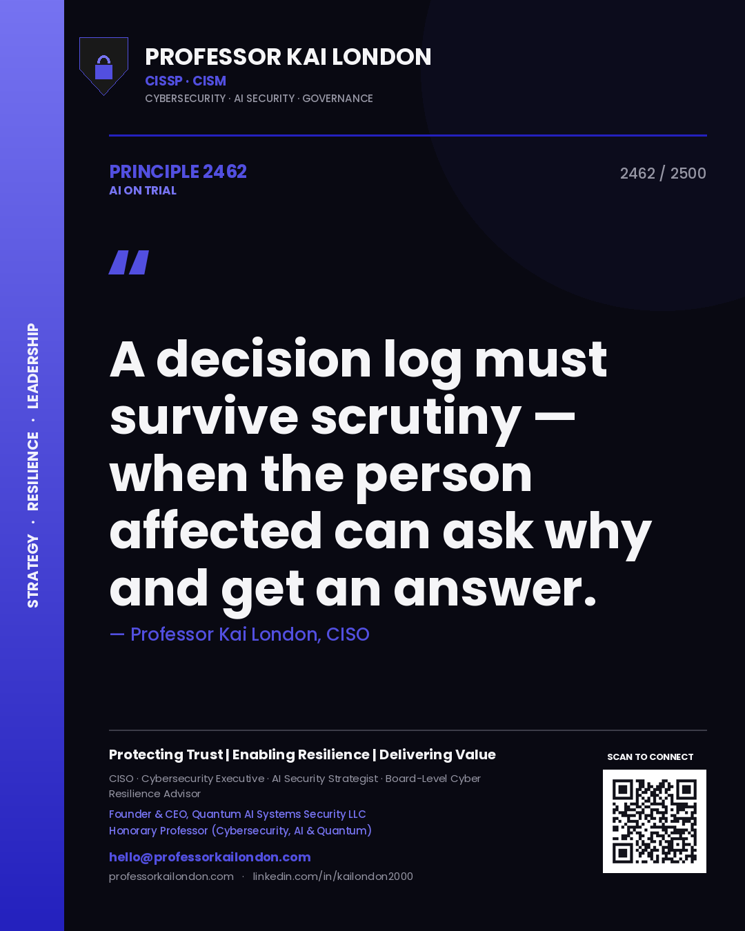 Professor Kai London principle 2462: A decision log must survive scrutiny — when the person affected can ask why and get an answer.