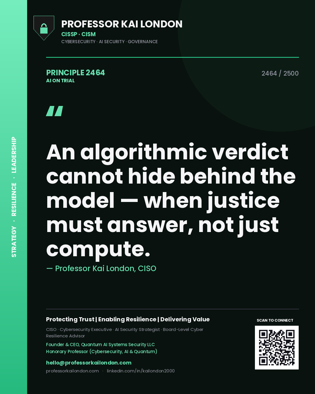 Quote card by Professor Kai London reading 'An algorithmic verdict cannot hide behind the model — when justice must answer, not just compute.'. From the book AI on Trial.