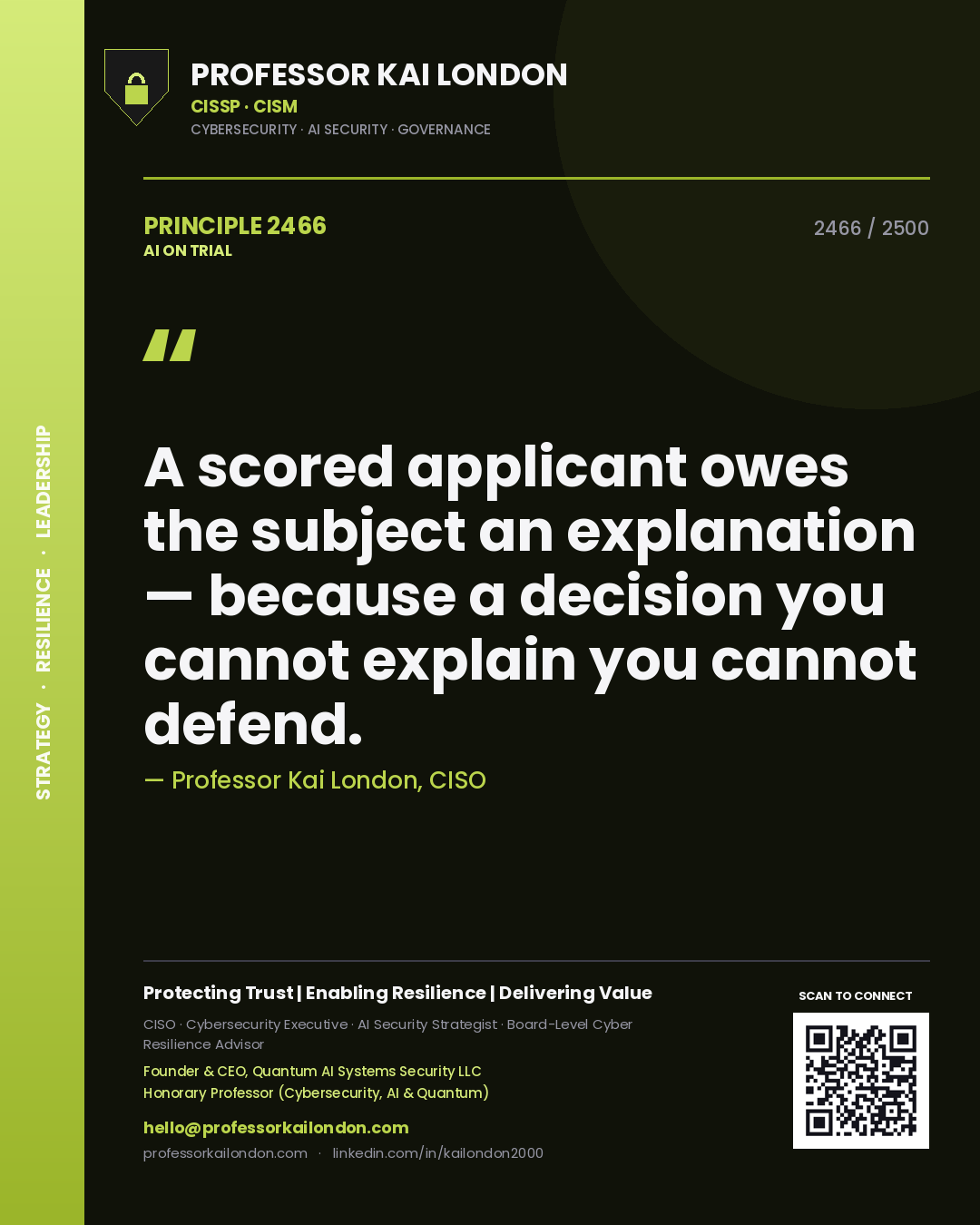 Professor Kai London principle 2466: A scored applicant owes the subject an explanation — because a decision you cannot explain you cannot defend.