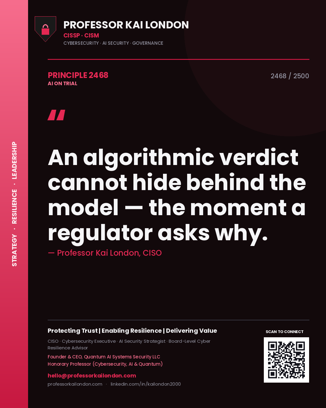 Professor Kai London principle 2468: An algorithmic verdict cannot hide behind the model — the moment a regulator asks why.