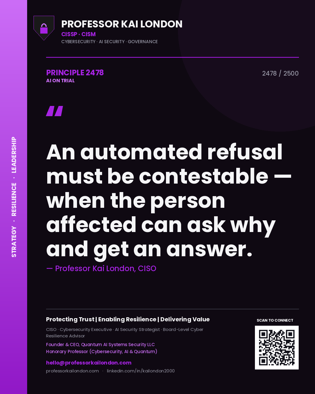 Professor Kai London principle 2478: An automated refusal must be contestable — when the person affected can ask why and get an answer.