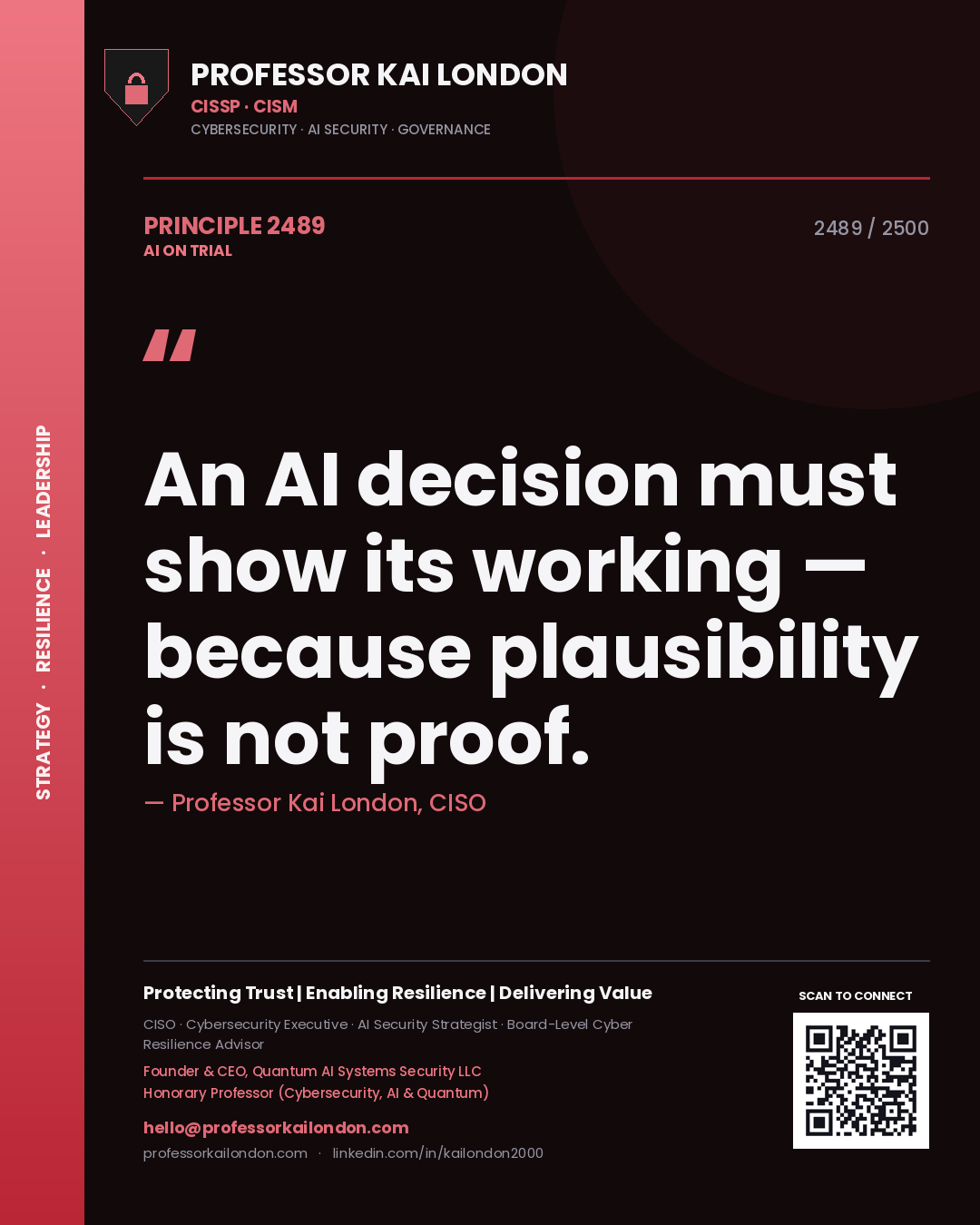 Professor Kai London principle 2489: An AI decision must show its working — because plausibility is not proof.