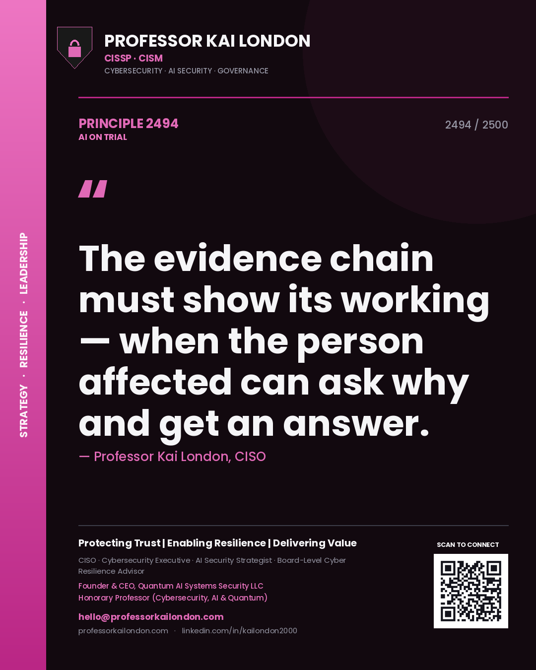 Professor Kai London principle 2494: The evidence chain must show its working — when the person affected can ask why and get an answer.