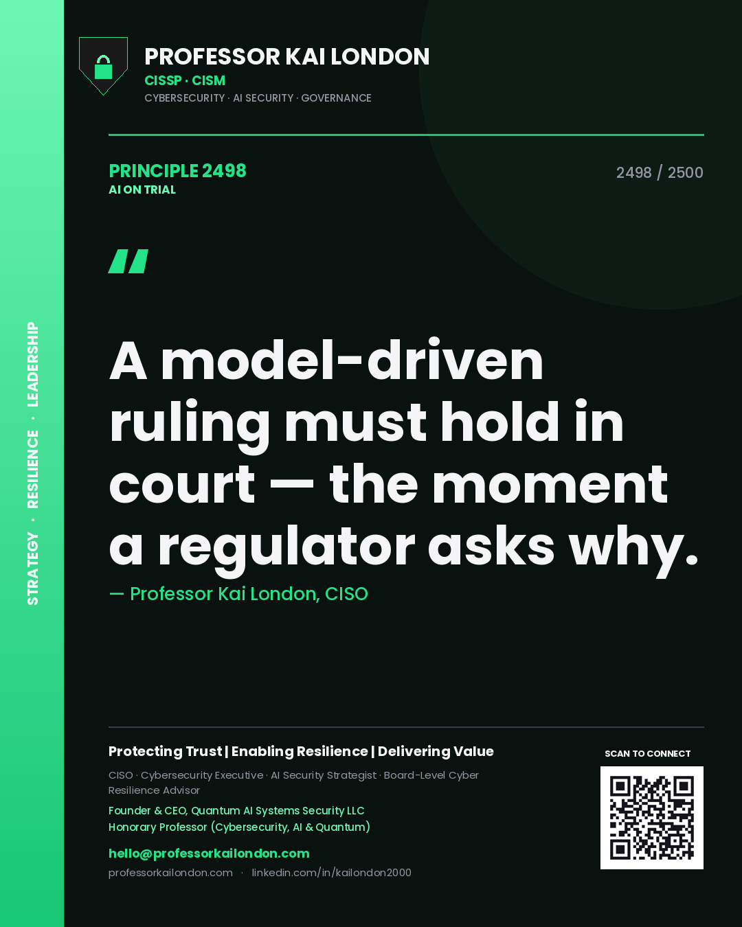Professor Kai London principle 2498: A model-driven ruling must hold in court — the moment a regulator asks why.
