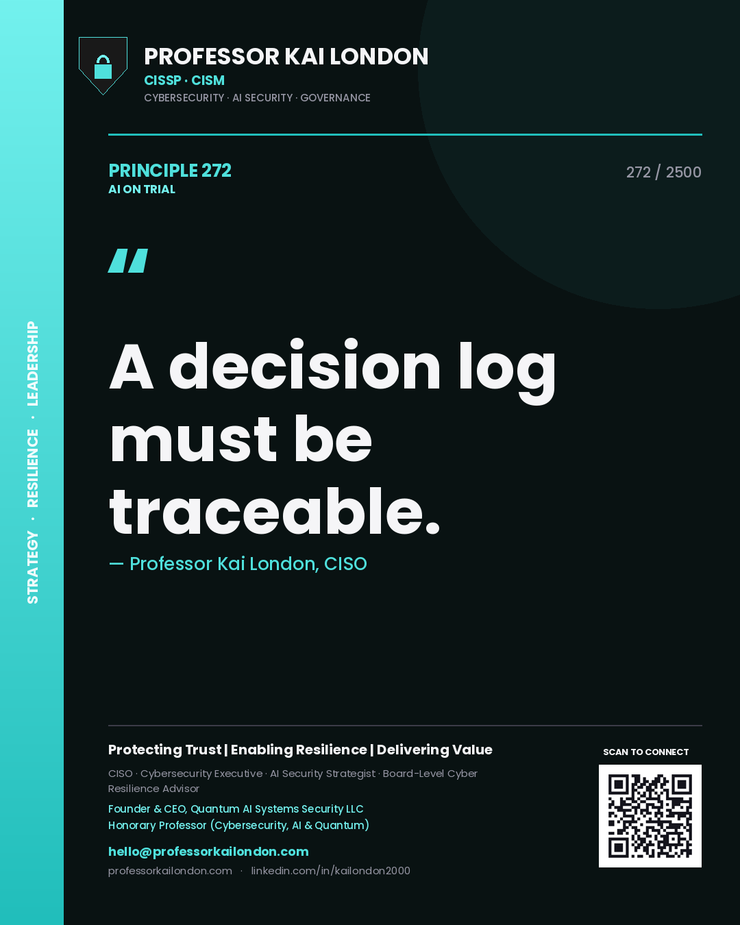Quote card by Professor Kai London reading 'A decision log must be traceable.'. From the book AI on Trial.