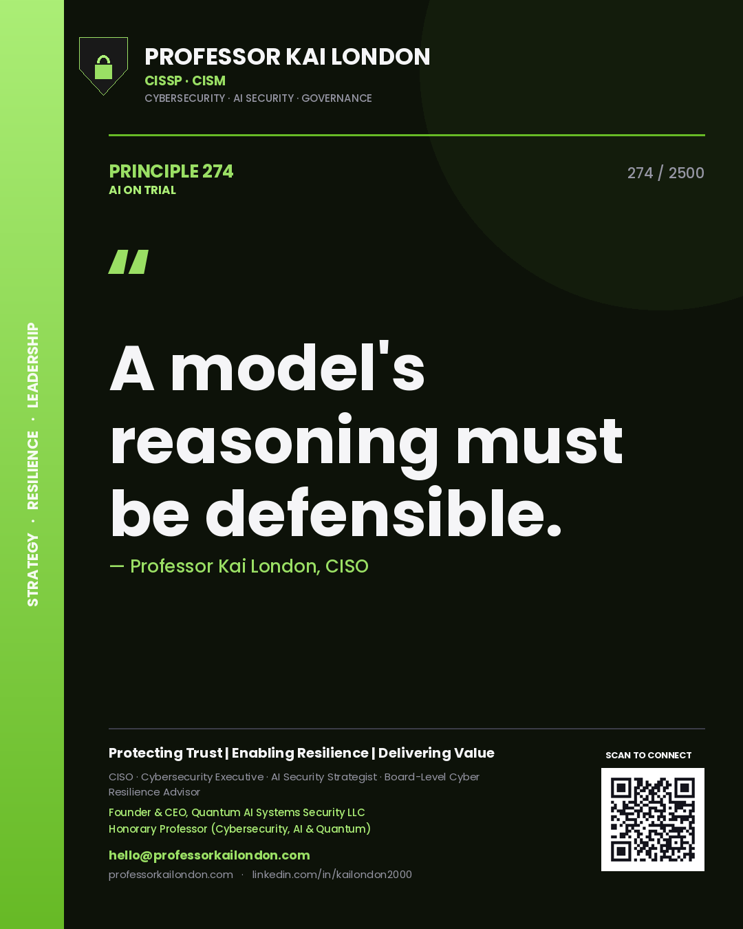 Quote card by Professor Kai London reading 'A model's reasoning must be defensible.'. From the book AI on Trial.