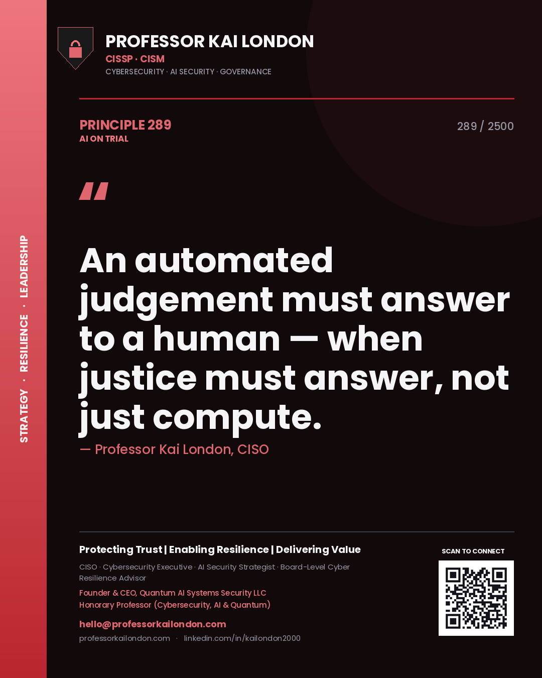 Quote card by Professor Kai London reading 'An automated judgement must answer to a human — when justice must answer, not just compute.'. From the book AI on Trial.