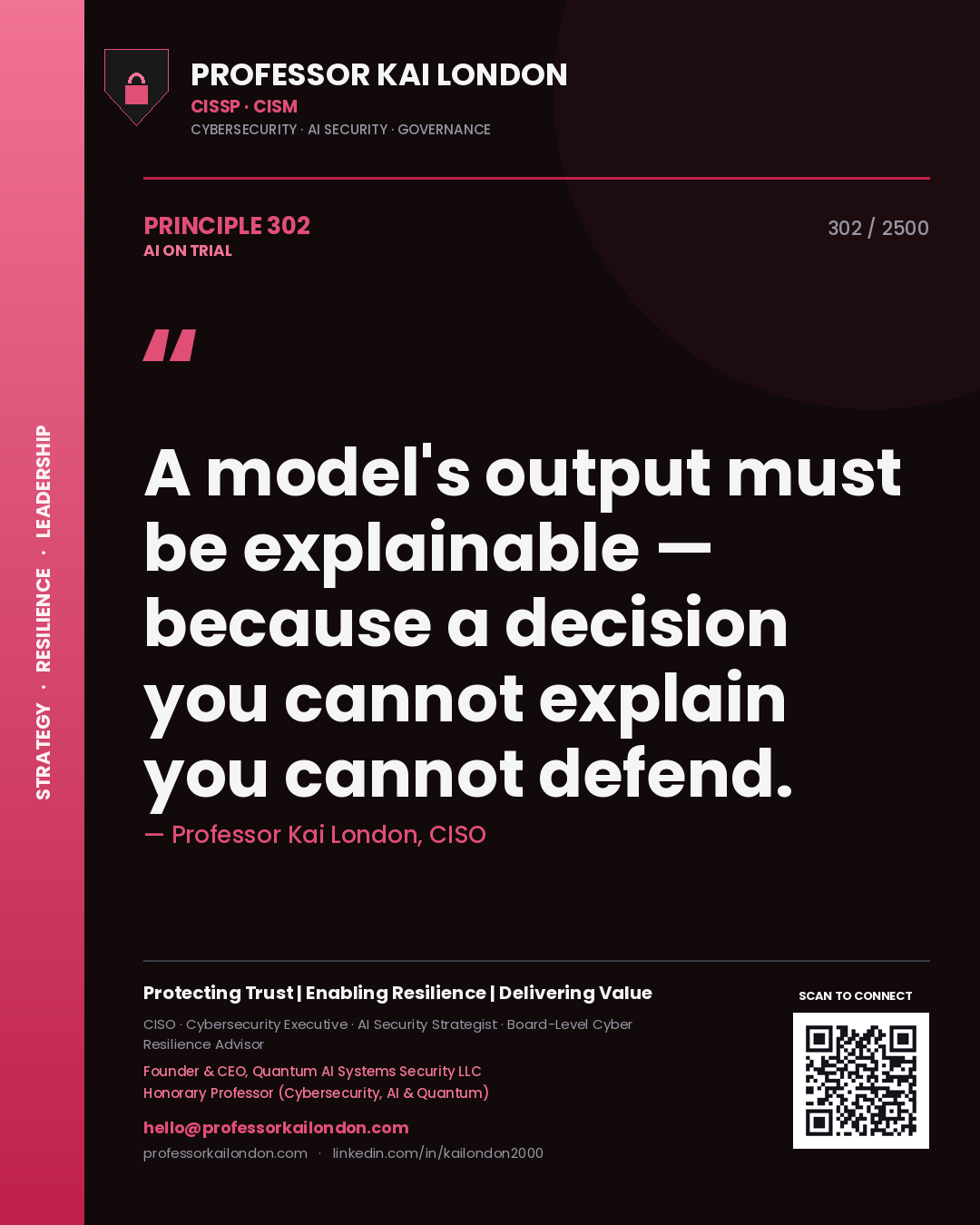 Quote card by Professor Kai London reading 'A model's output must be explainable — because a decision you cannot explain you cannot defend.'. From the book AI on Trial.