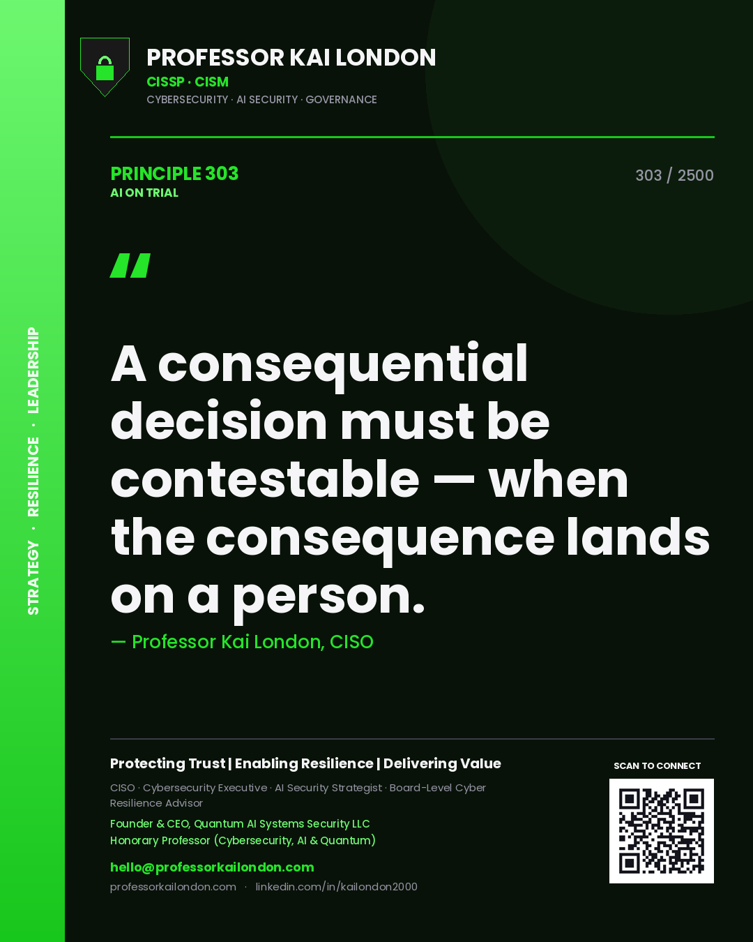 Quote card by Professor Kai London reading 'A consequential decision must be contestable — when the consequence lands on a person.'. From the book AI on Trial.