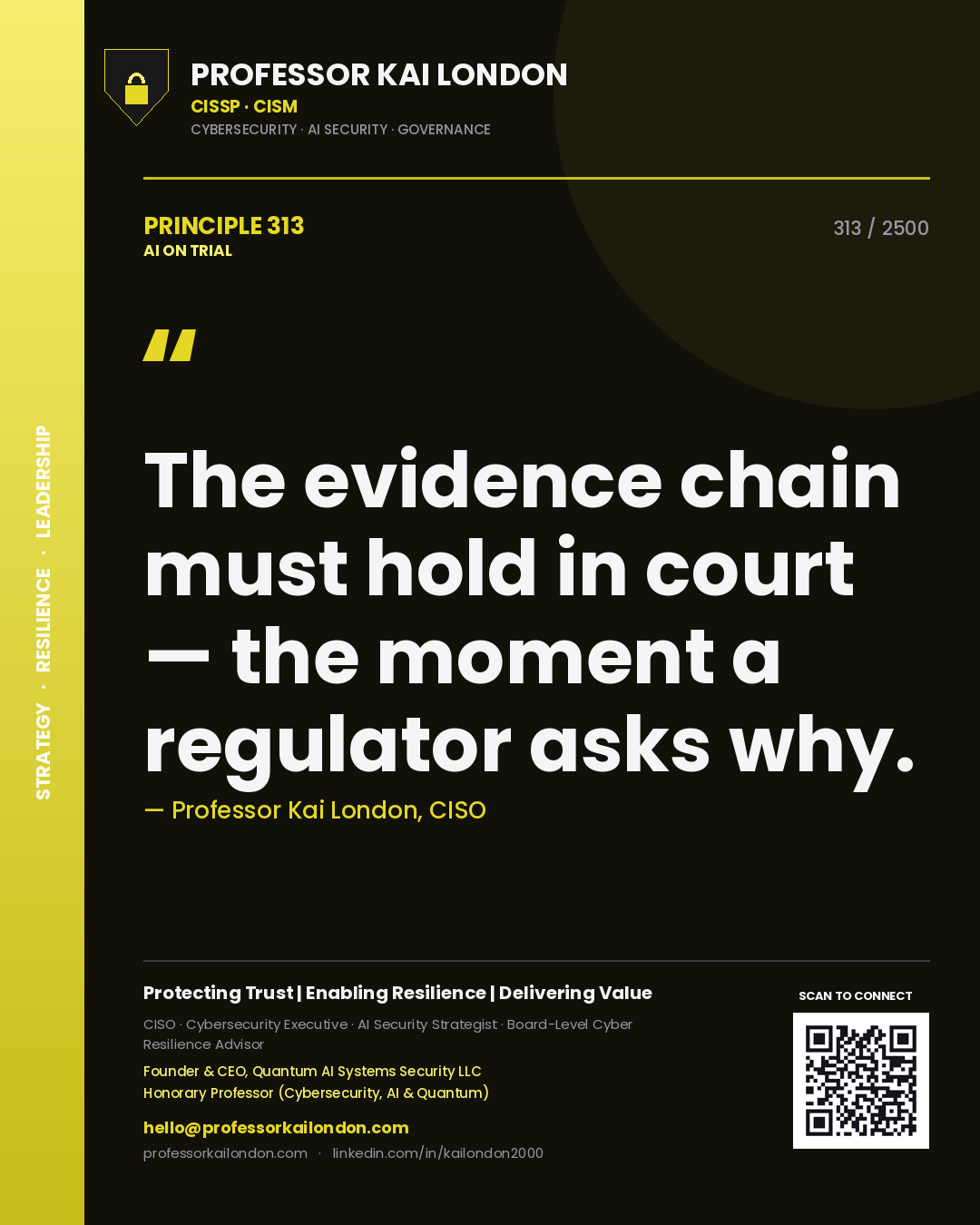 Quote card by Professor Kai London reading 'The evidence chain must hold in court — the moment a regulator asks why.'. From the book AI on Trial.