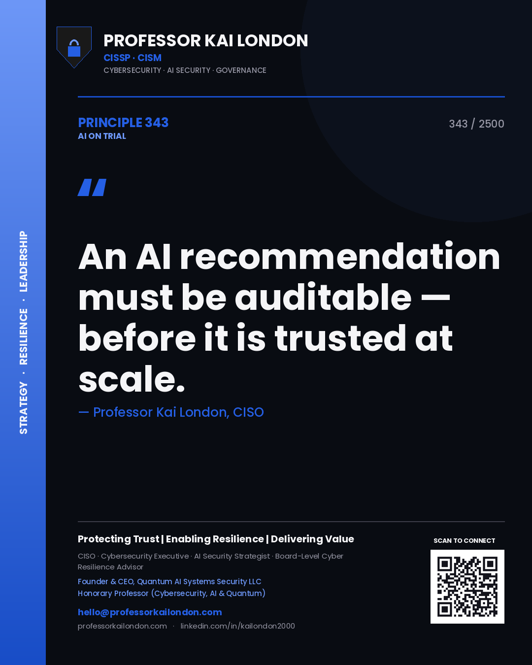 Quote card by Professor Kai London reading 'An AI recommendation must be auditable — before it is trusted at scale.'. From the book AI on Trial.