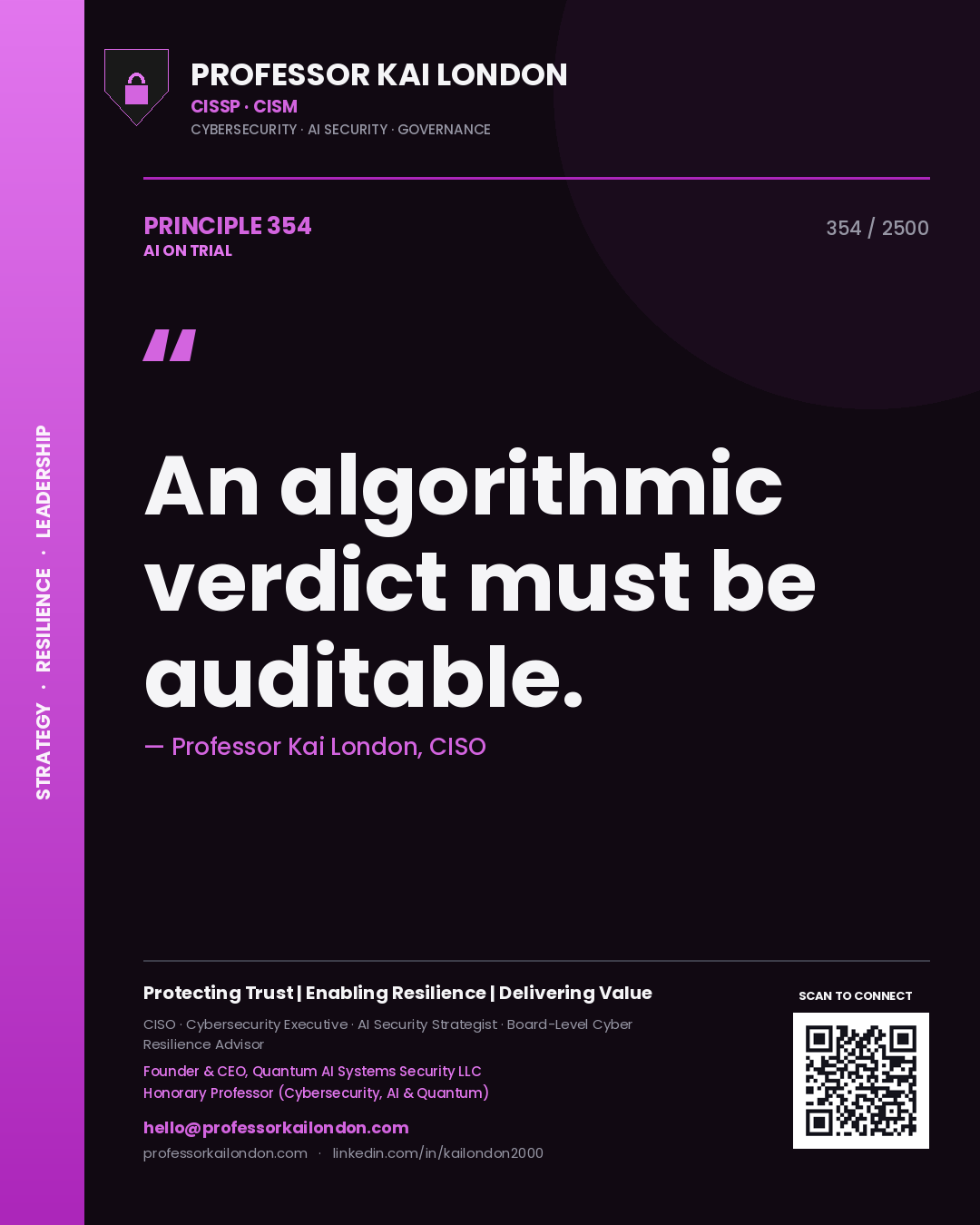 Quote card by Professor Kai London reading 'An algorithmic verdict must be auditable.'. From the book AI on Trial.