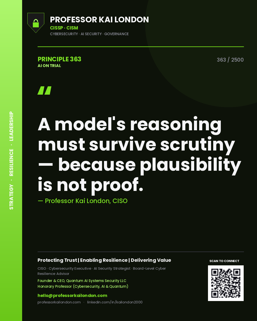 Quote card by Professor Kai London reading 'A model's reasoning must survive scrutiny — because plausibility is not proof.'. From the book AI on Trial.