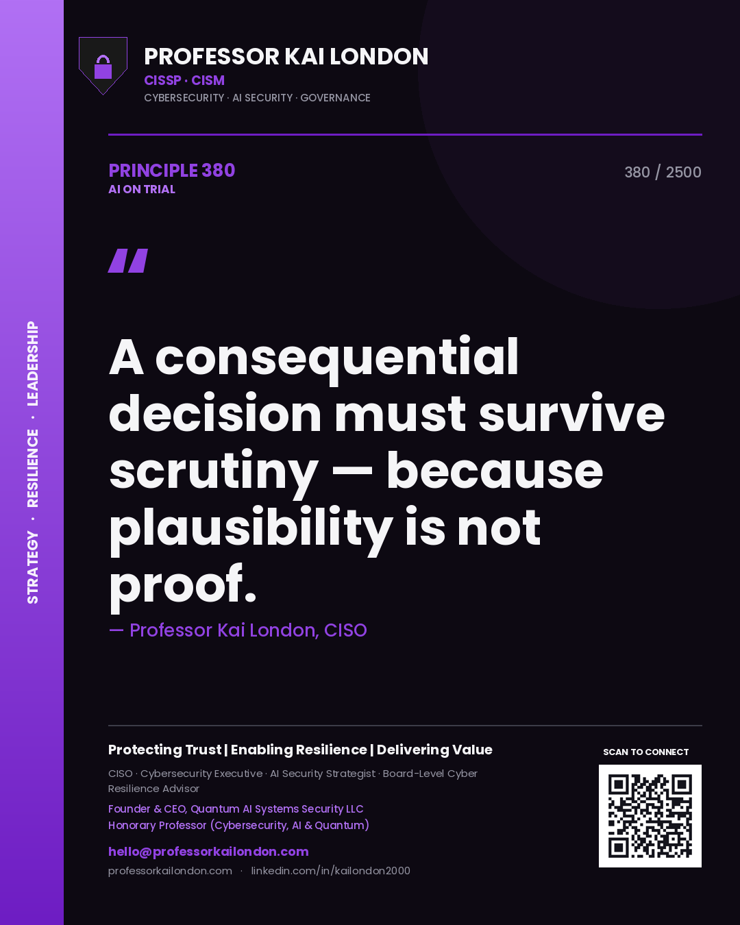 Professor Kai London principle 380: A consequential decision must survive scrutiny — because plausibility is not proof.