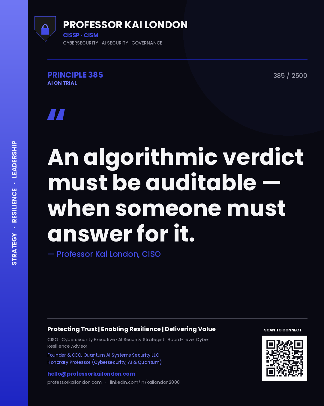Quote card by Professor Kai London reading 'An algorithmic verdict must be auditable — when someone must answer for it.'. From the book AI on Trial.