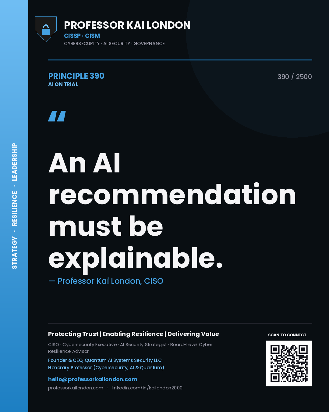 Quote card by Professor Kai London reading 'An AI recommendation must be explainable.'. From the book AI on Trial.