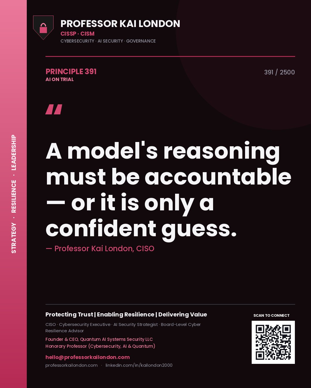 Quote card by Professor Kai London reading 'A model's reasoning must be accountable — or it is only a confident guess.'. From the book AI on Trial.