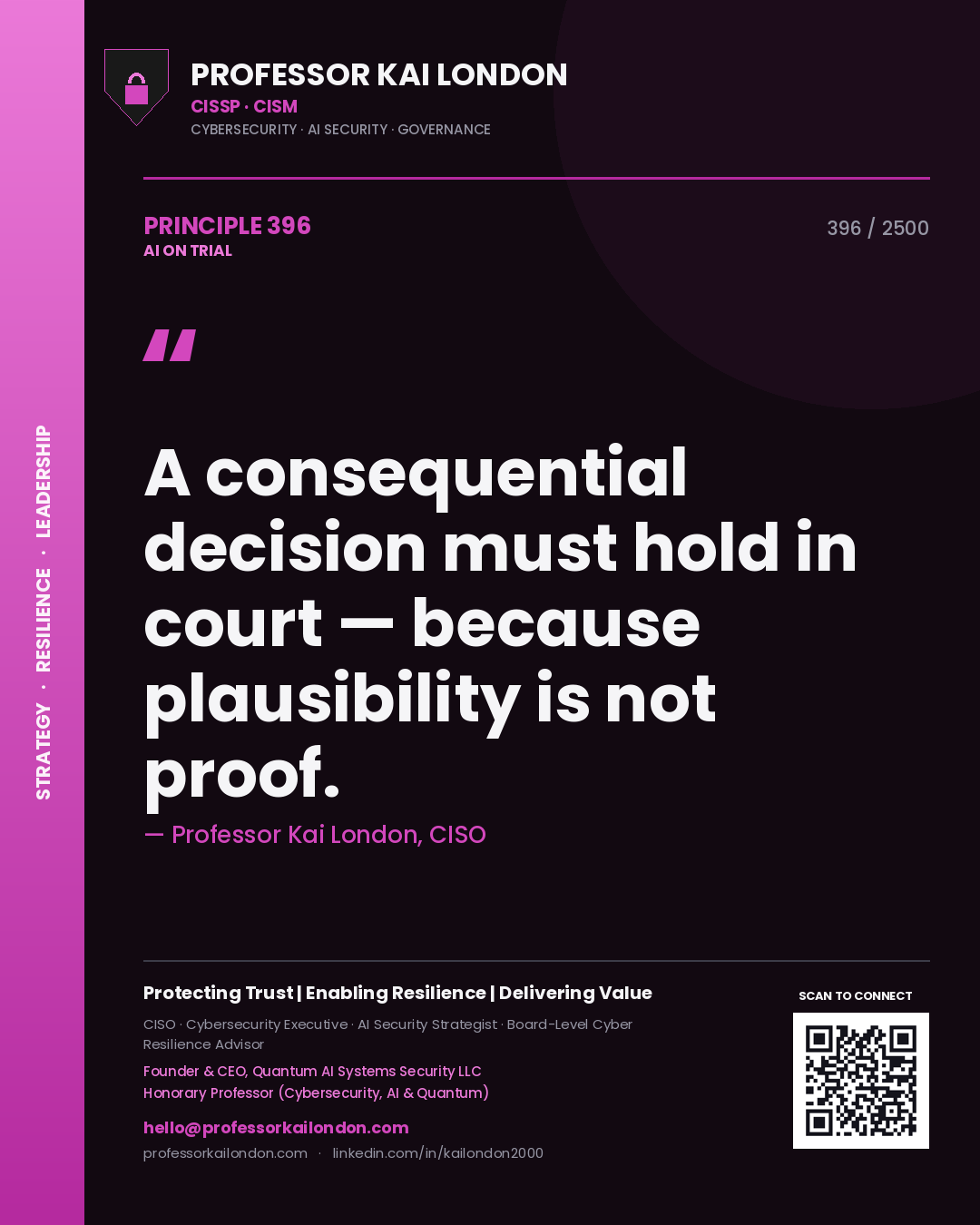 Quote card by Professor Kai London reading 'A consequential decision must hold in court — because plausibility is not proof.'. From the book AI on Trial.