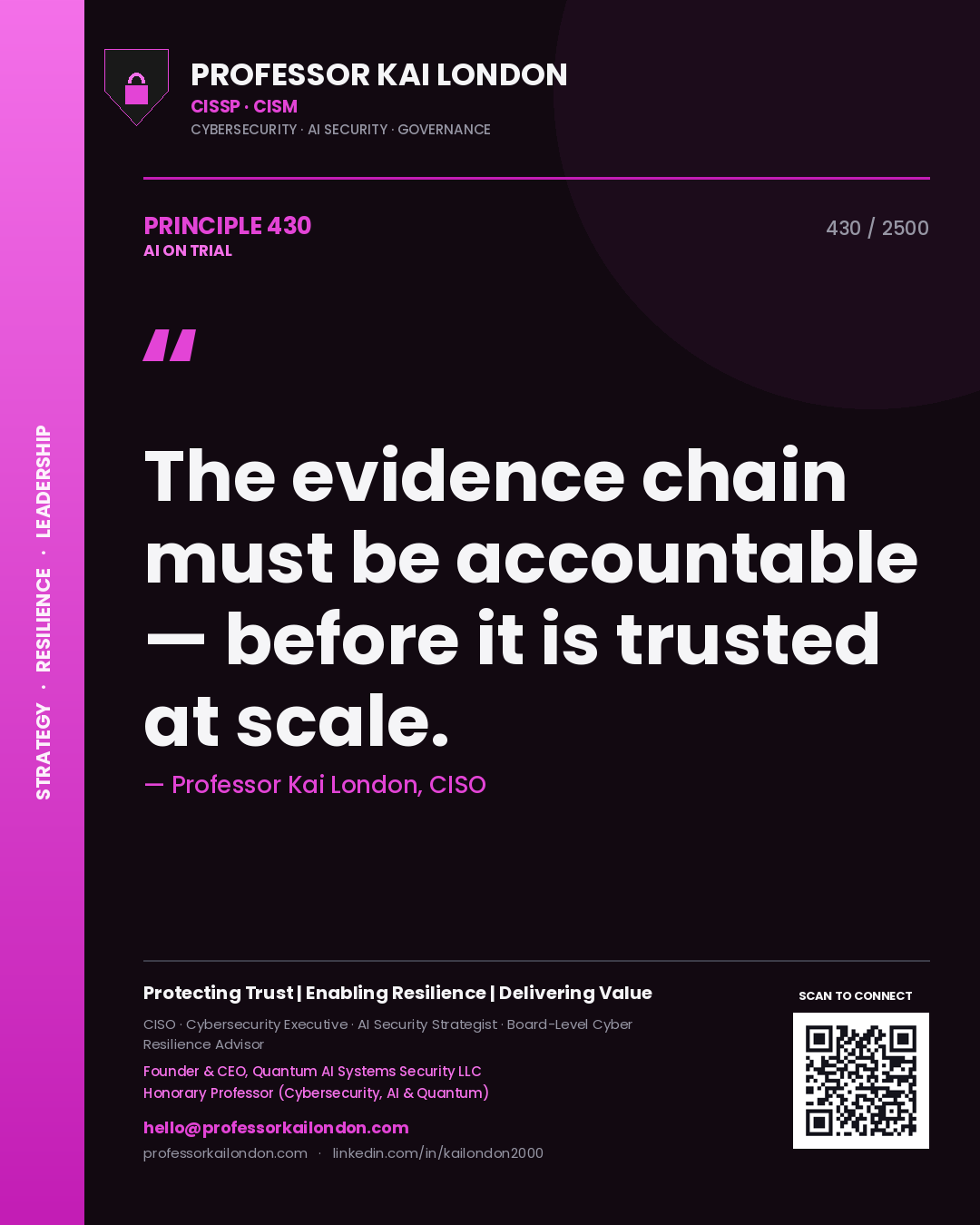 Quote card by Professor Kai London reading 'The evidence chain must be accountable — before it is trusted at scale.'. From the book AI on Trial.