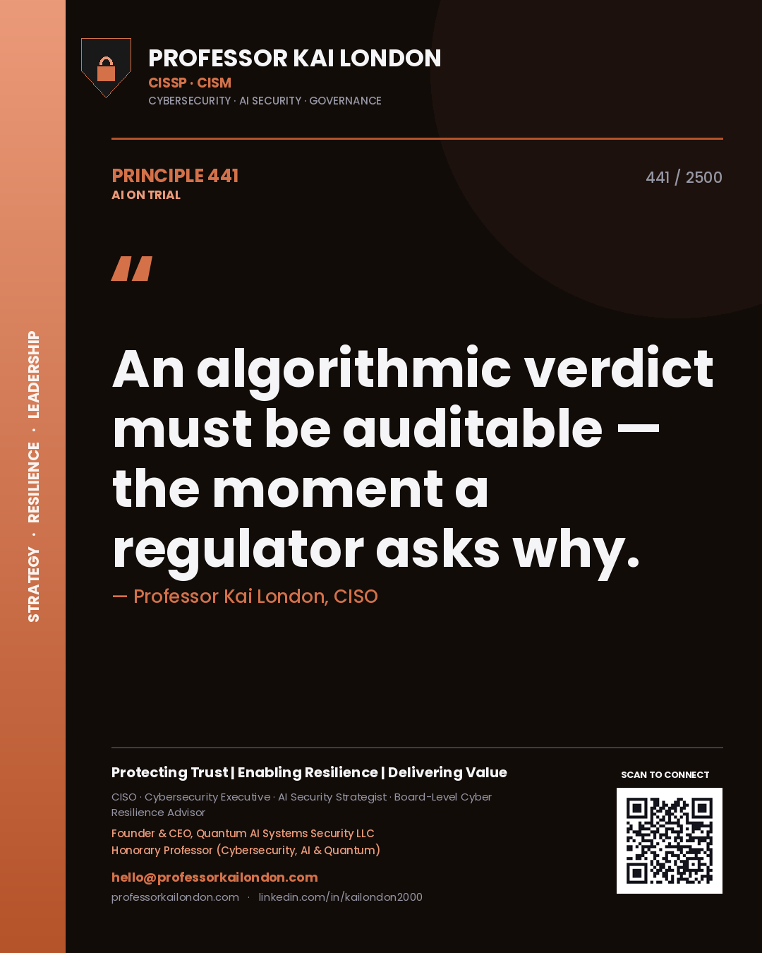 Quote card by Professor Kai London reading 'An algorithmic verdict must be auditable — the moment a regulator asks why.'. From the book AI on Trial.