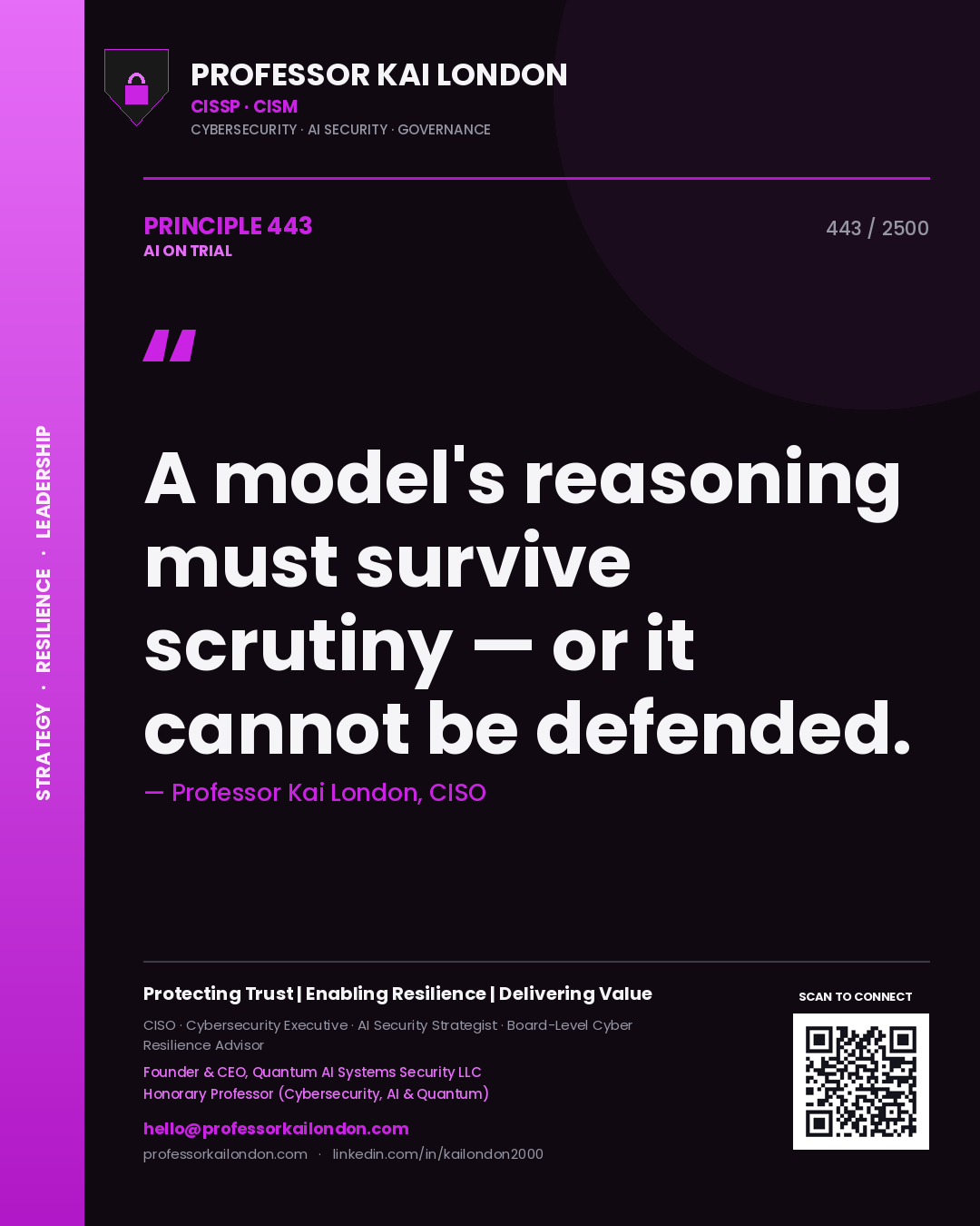Quote card by Professor Kai London reading 'A model's reasoning must survive scrutiny — or it cannot be defended.'. From the book AI on Trial.