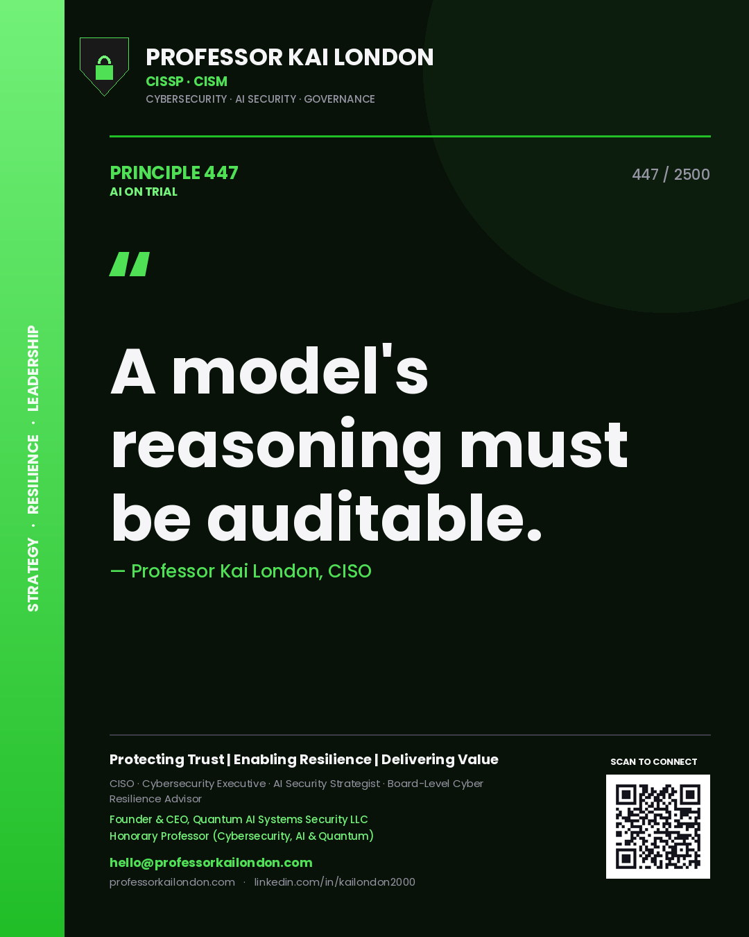 Quote card by Professor Kai London reading 'A model's reasoning must be auditable.'. From the book AI on Trial.