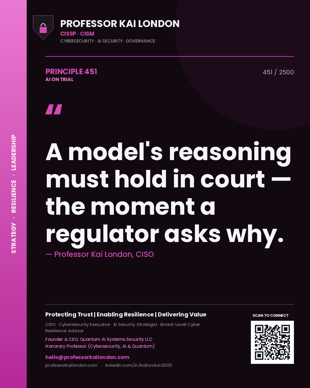 Quote card by Professor Kai London reading 'A model's reasoning must hold in court — the moment a regulator asks why.'. From the book AI on Trial.