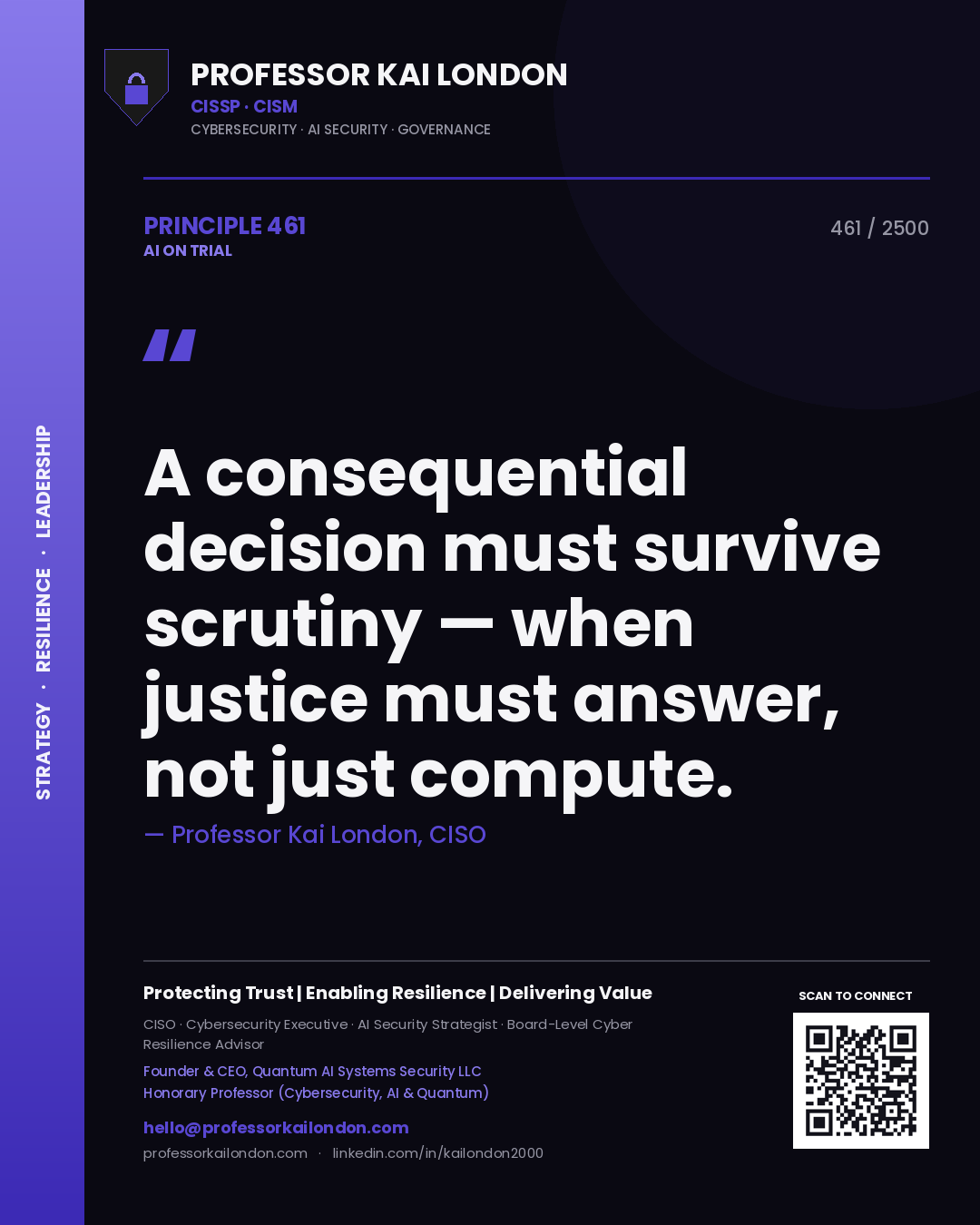 Quote card by Professor Kai London reading 'A consequential decision must survive scrutiny — when justice must answer, not just compute.'. From the book AI on Trial.