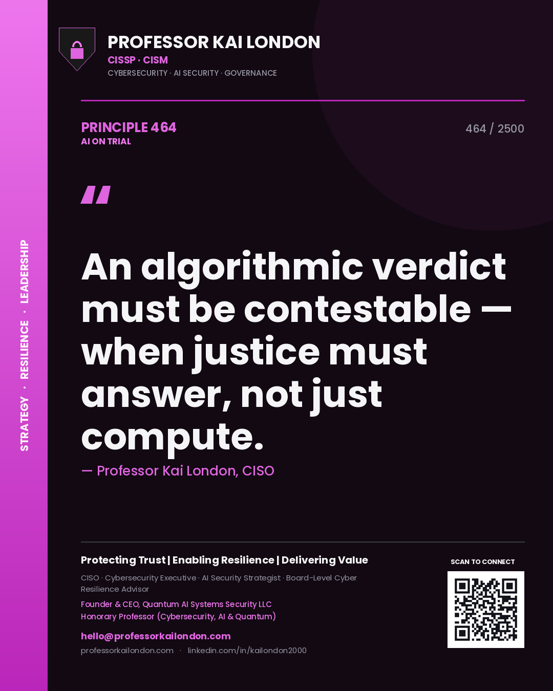 Quote card by Professor Kai London reading 'An algorithmic verdict must be contestable — when justice must answer, not just compute.'. From the book AI on Trial.