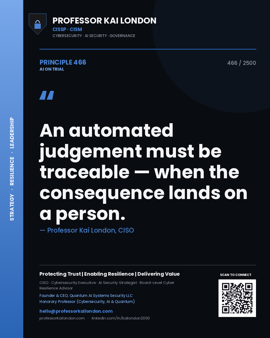 Quote card by Professor Kai London reading 'An automated judgement must be traceable — when the consequence lands on a person.'. From the book AI on Trial.