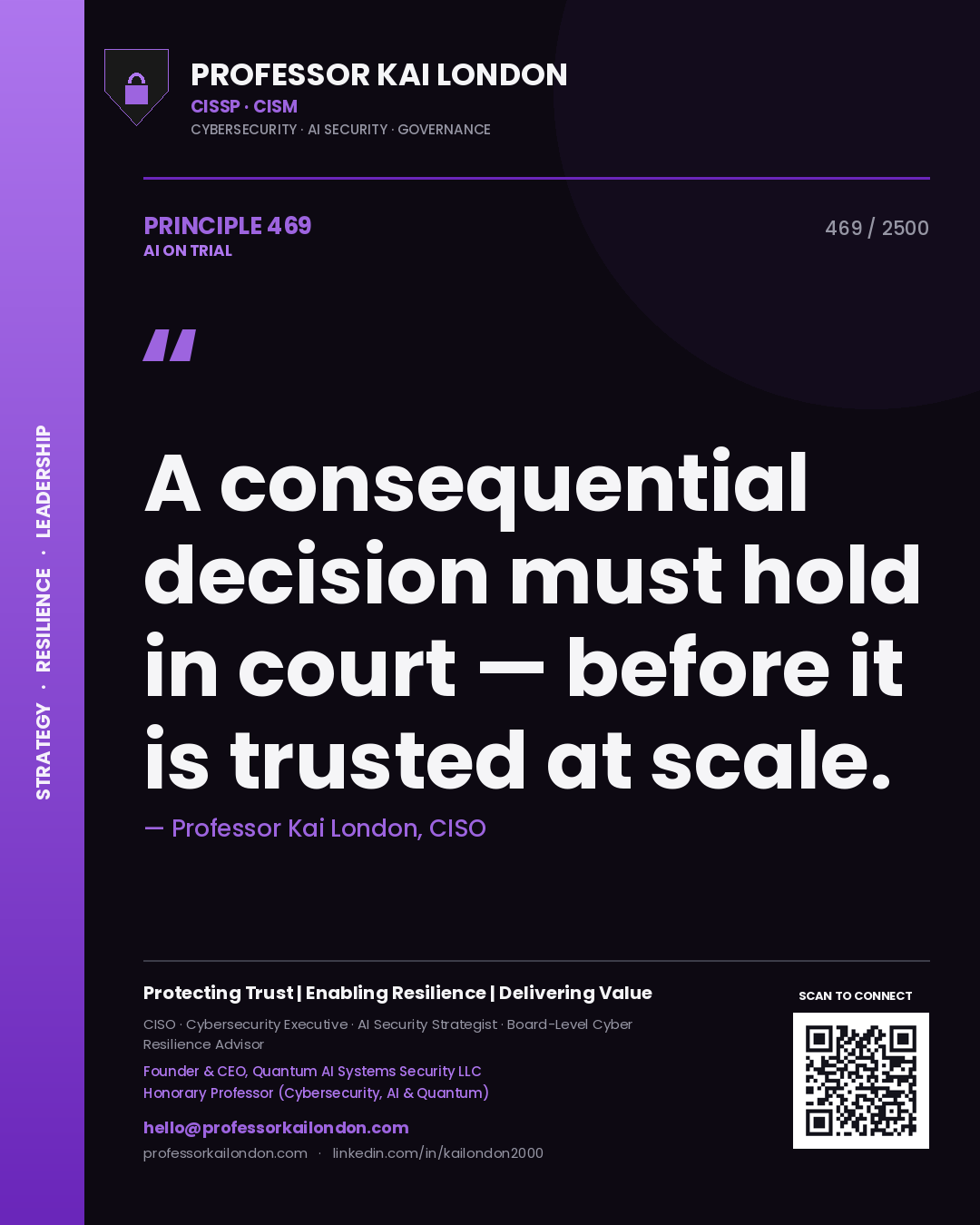 Quote card by Professor Kai London reading 'A consequential decision must hold in court — before it is trusted at scale.'. From the book AI on Trial.