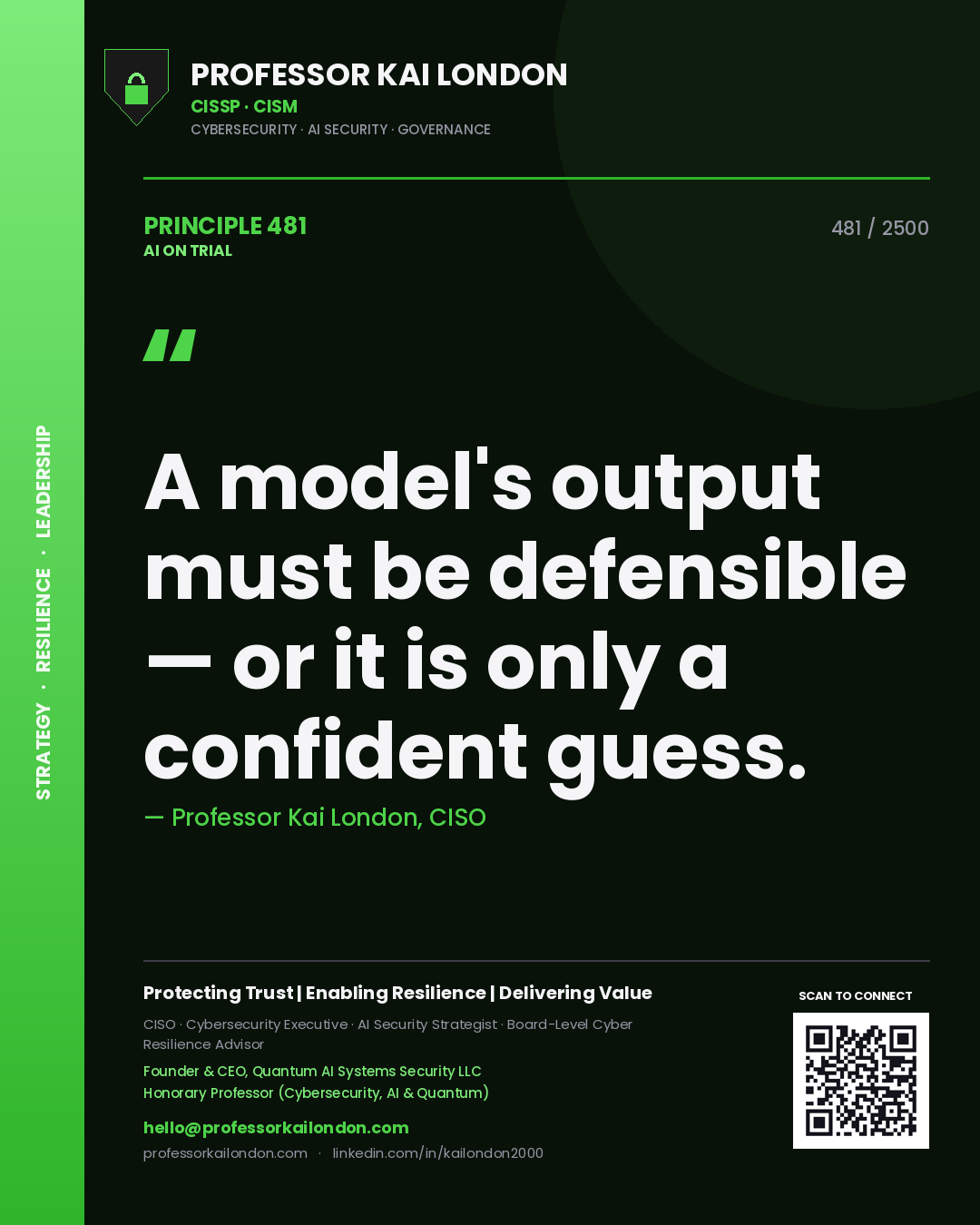Quote card by Professor Kai London reading 'A model's output must be defensible — or it is only a confident guess.'. From the book AI on Trial.
