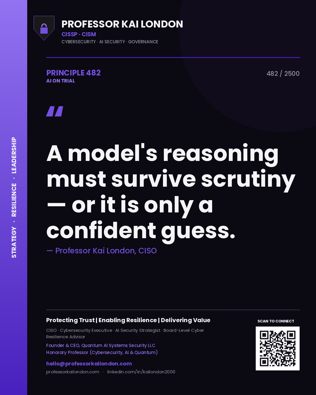 Quote card by Professor Kai London reading 'A model's reasoning must survive scrutiny — or it is only a confident guess.'. From the book AI on Trial.