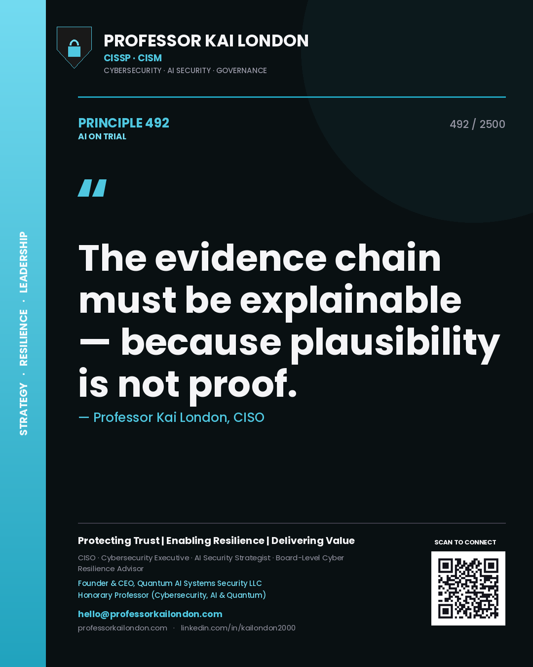 Quote card by Professor Kai London reading 'The evidence chain must be explainable — because plausibility is not proof.'. From the book AI on Trial.