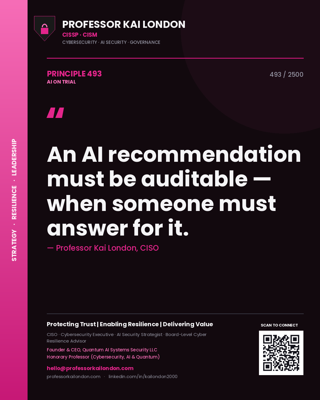 Quote card by Professor Kai London reading 'An AI recommendation must be auditable — when someone must answer for it.'. From the book AI on Trial.