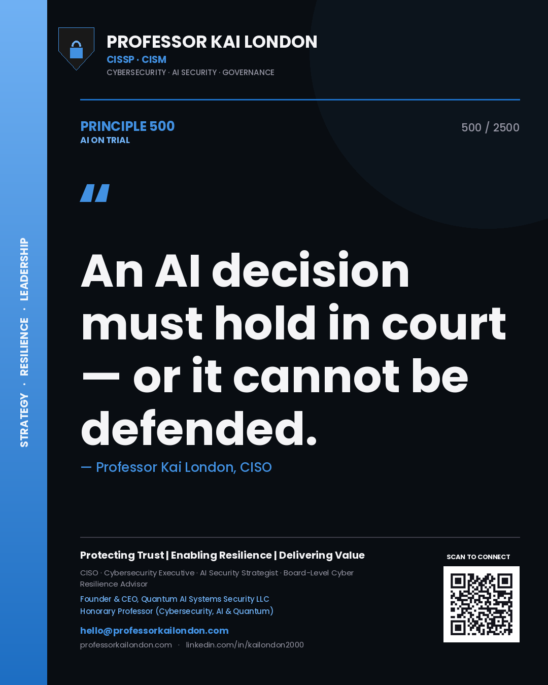 Quote card by Professor Kai London reading 'An AI decision must hold in court — or it cannot be defended.'. From the book AI on Trial.
