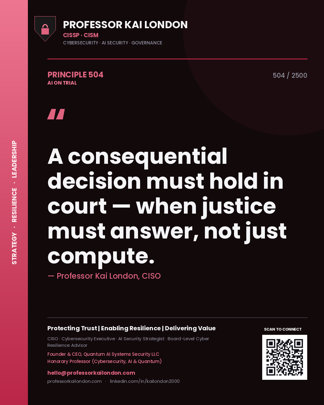 Professor Kai London principle 504: A consequential decision must hold in court — when justice must answer, not just compute.