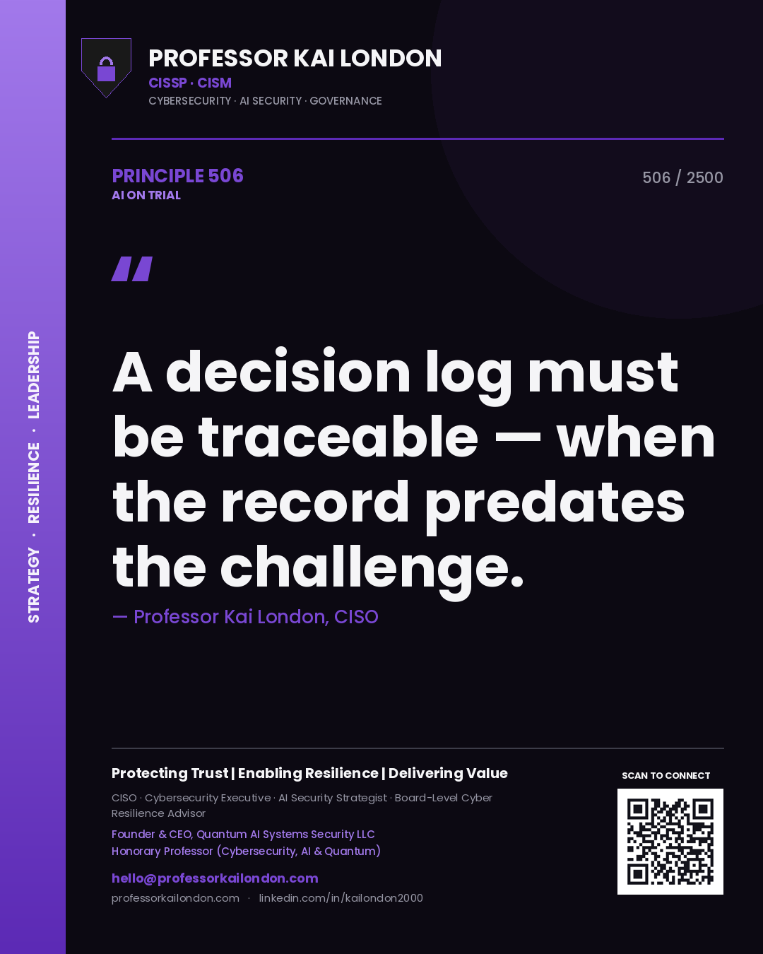 Professor Kai London principle 506: A decision log must be traceable — when the record predates the challenge.