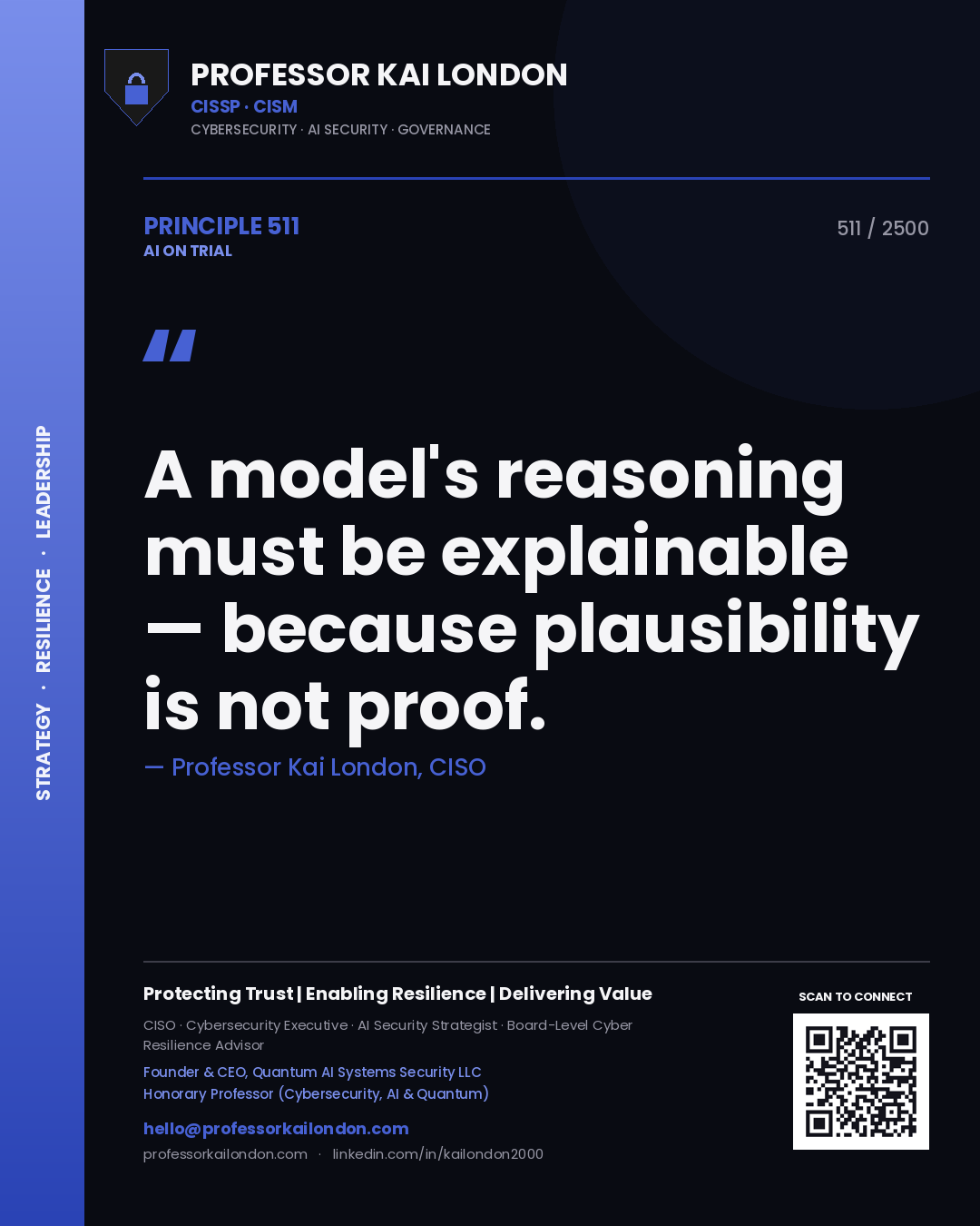 Professor Kai London principle 511: A model's reasoning must be explainable — because plausibility is not proof.