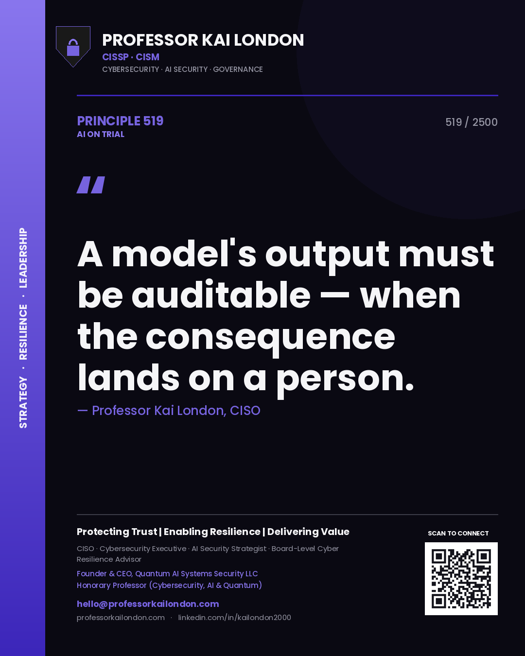 Professor Kai London principle 519: A model's output must be auditable — when the consequence lands on a person.
