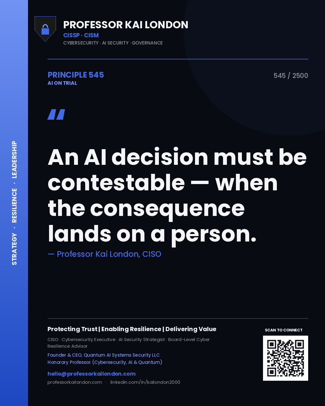 Professor Kai London principle 545: An AI decision must be contestable — when the consequence lands on a person.