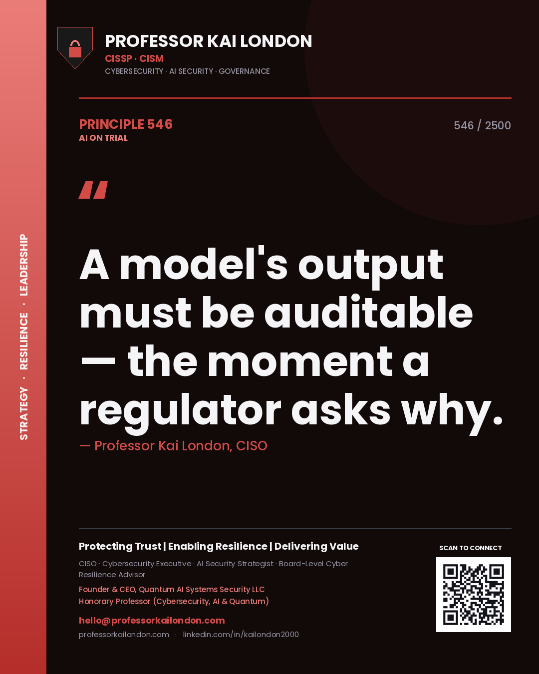 Professor Kai London principle 546: A model's output must be auditable — the moment a regulator asks why.