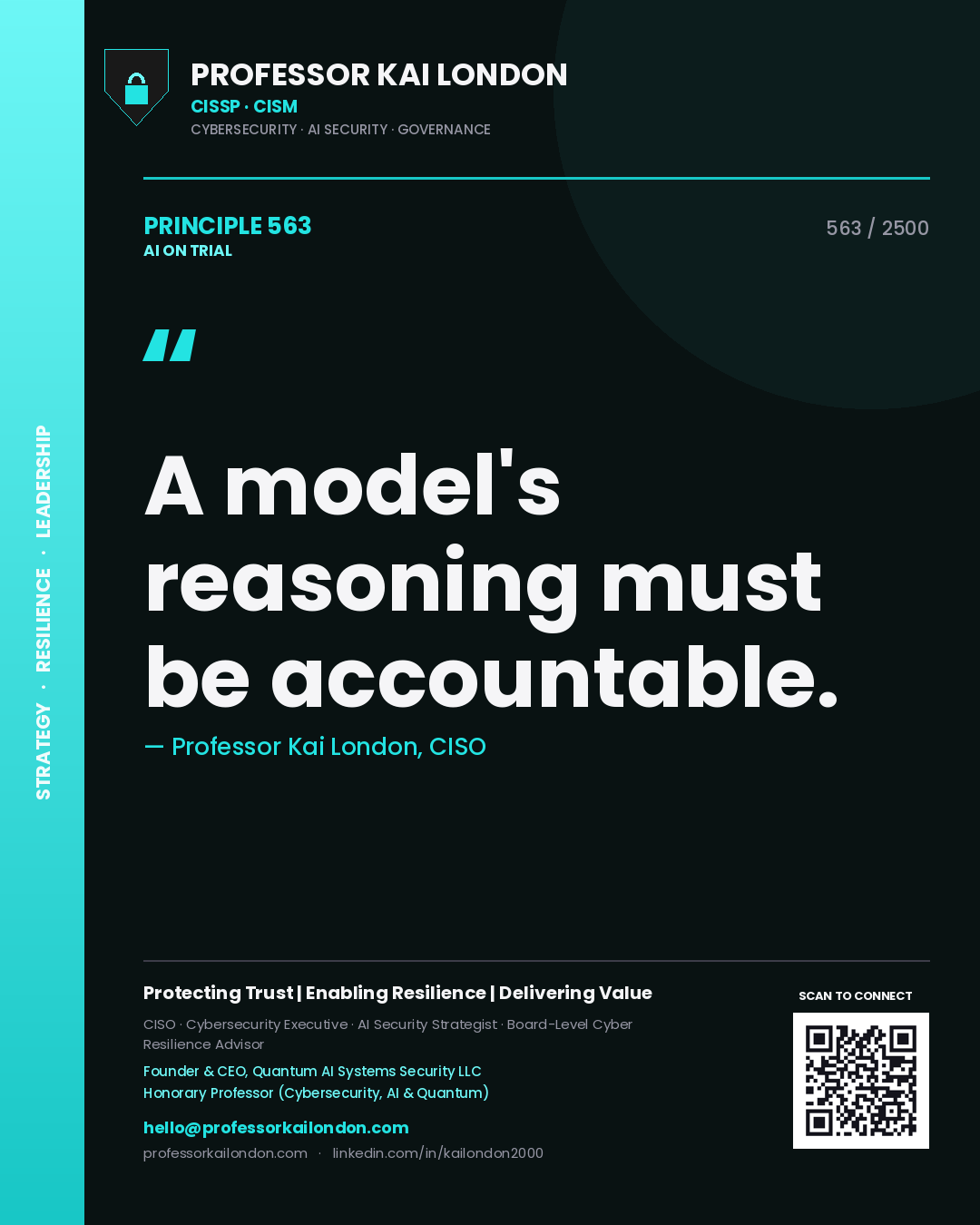 Quote card by Professor Kai London reading 'A model's reasoning must be accountable.'. From the book AI on Trial.