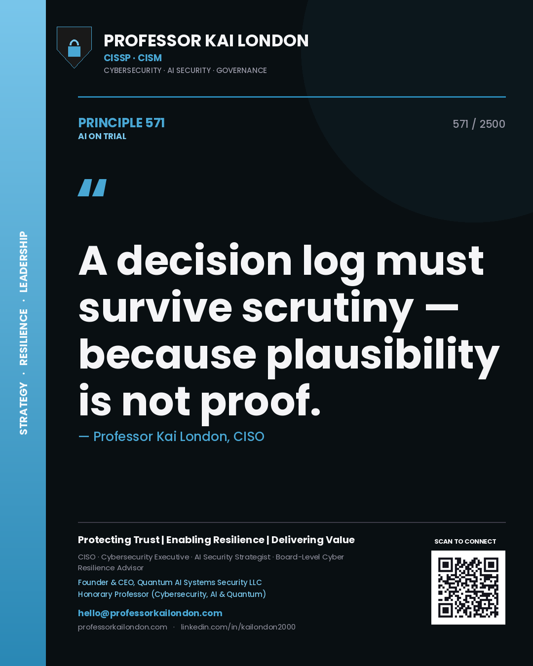 Professor Kai London principle 571: A decision log must survive scrutiny — because plausibility is not proof.
