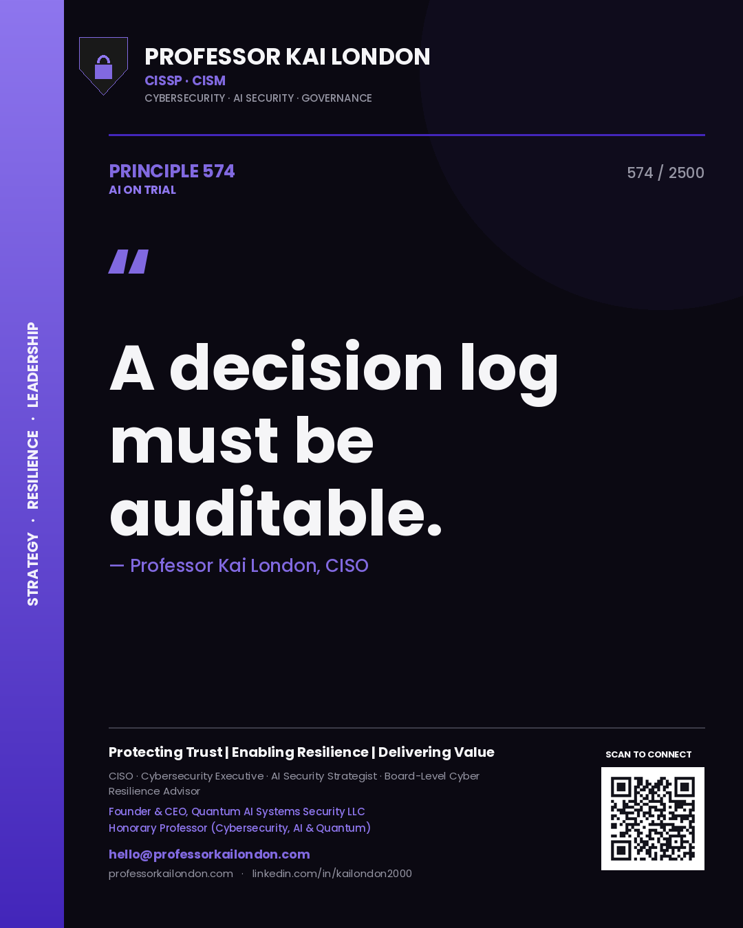 Quote card by Professor Kai London reading 'A decision log must be auditable.'. From the book AI on Trial.