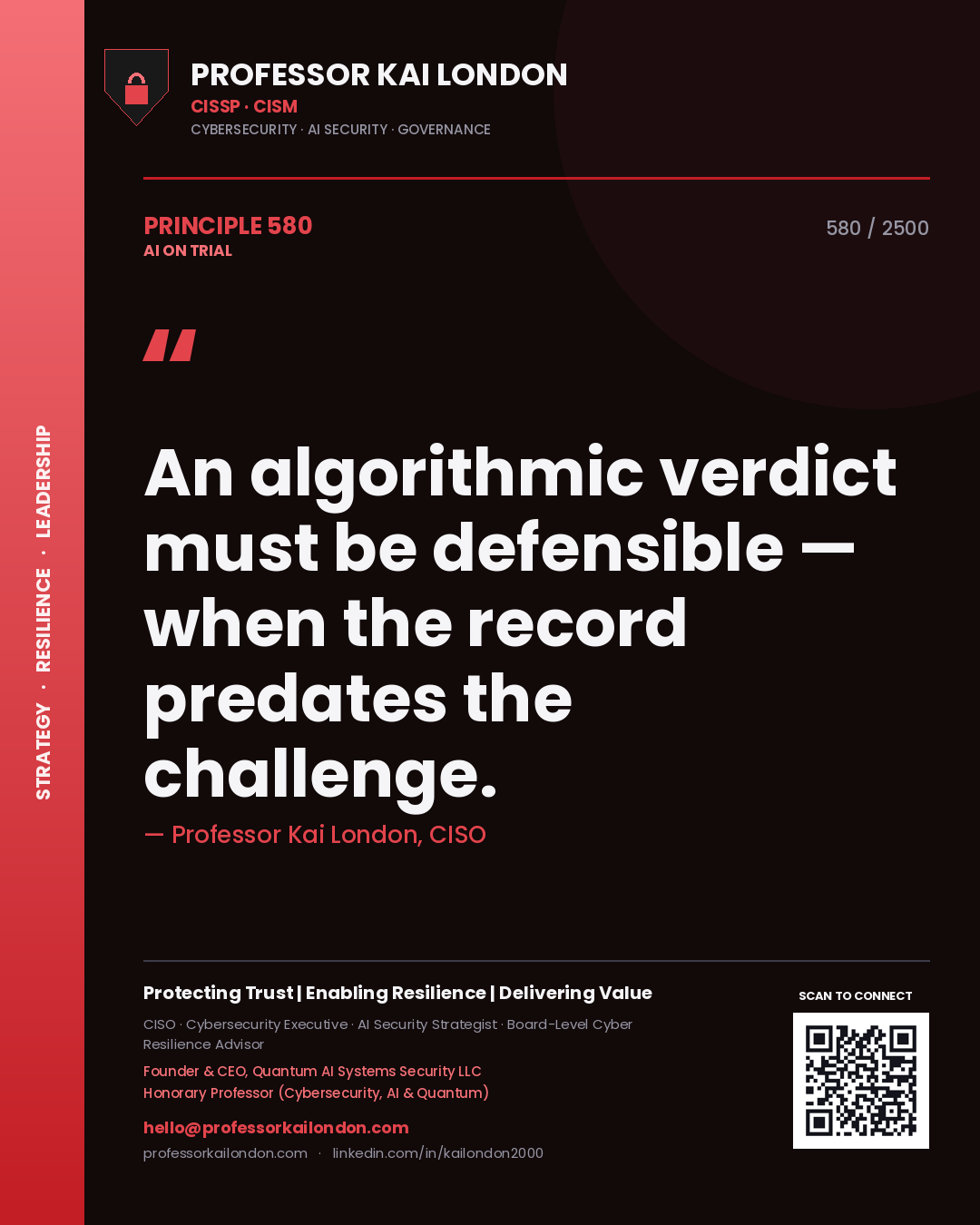 Professor Kai London principle 580: An algorithmic verdict must be defensible — when the record predates the challenge.
