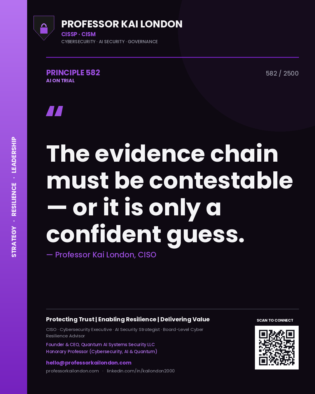Quote card by Professor Kai London reading 'The evidence chain must be contestable — or it is only a confident guess.'. From the book AI on Trial.