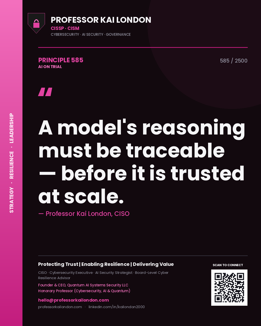 Quote card by Professor Kai London reading 'A model's reasoning must be traceable — before it is trusted at scale.'. From the book AI on Trial.