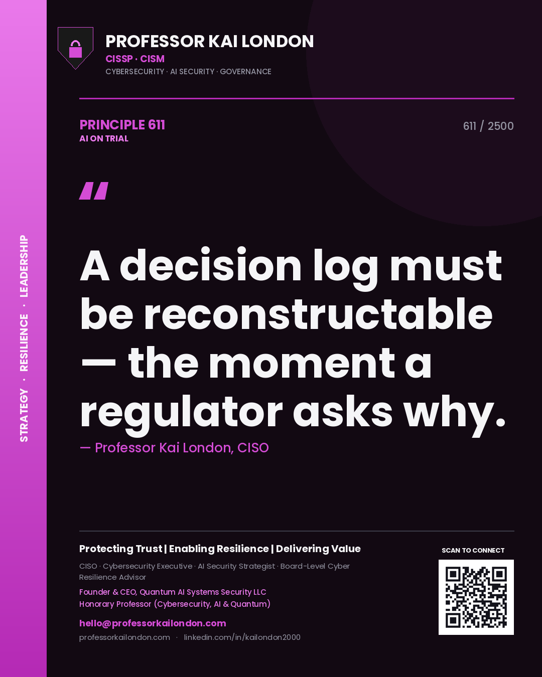 Quote card by Professor Kai London reading 'A decision log must be reconstructable — the moment a regulator asks why.'. From the book AI on Trial.